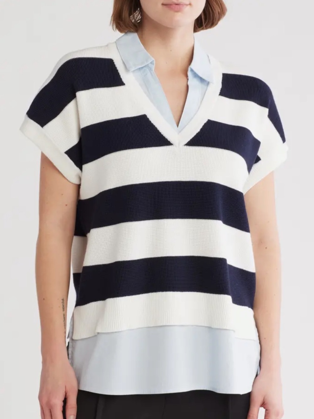 Adrianna Papell Short Sleeve Stripe Mixed Media Sweater Navy Ivory, Sz M NWT